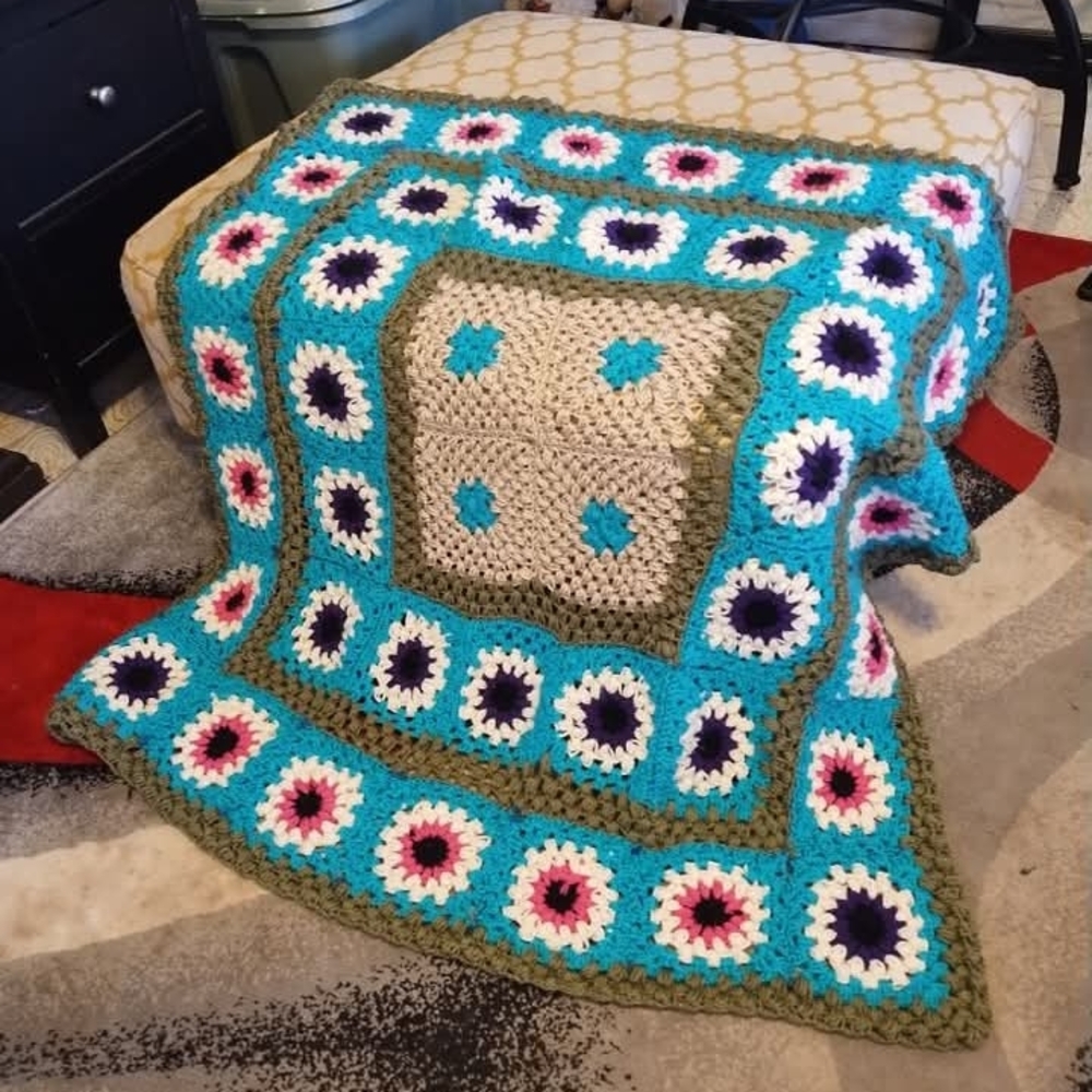 Handmade Crochet Blanket with Floral Accents Pink Turquoise Cream Granny Square